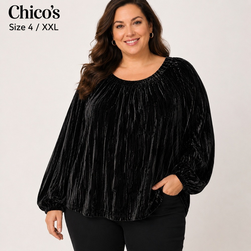 Chicos Black‎ Crushed Velvet Pleated Balloon Sleeve Blouse Top Size 4 XXL Womens